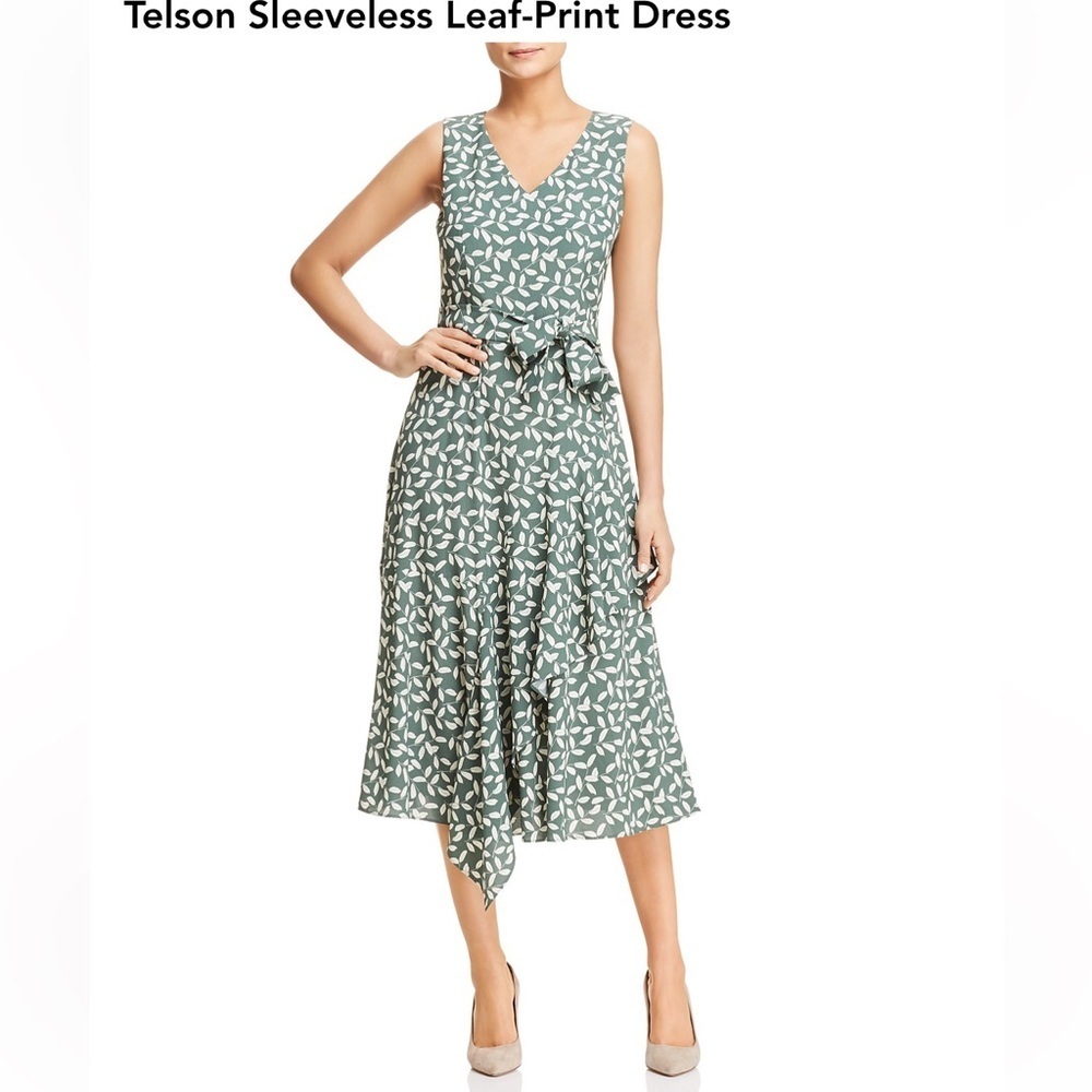 Lafayette 148 New York Telson Green Leaf Print Belted Midi Dress